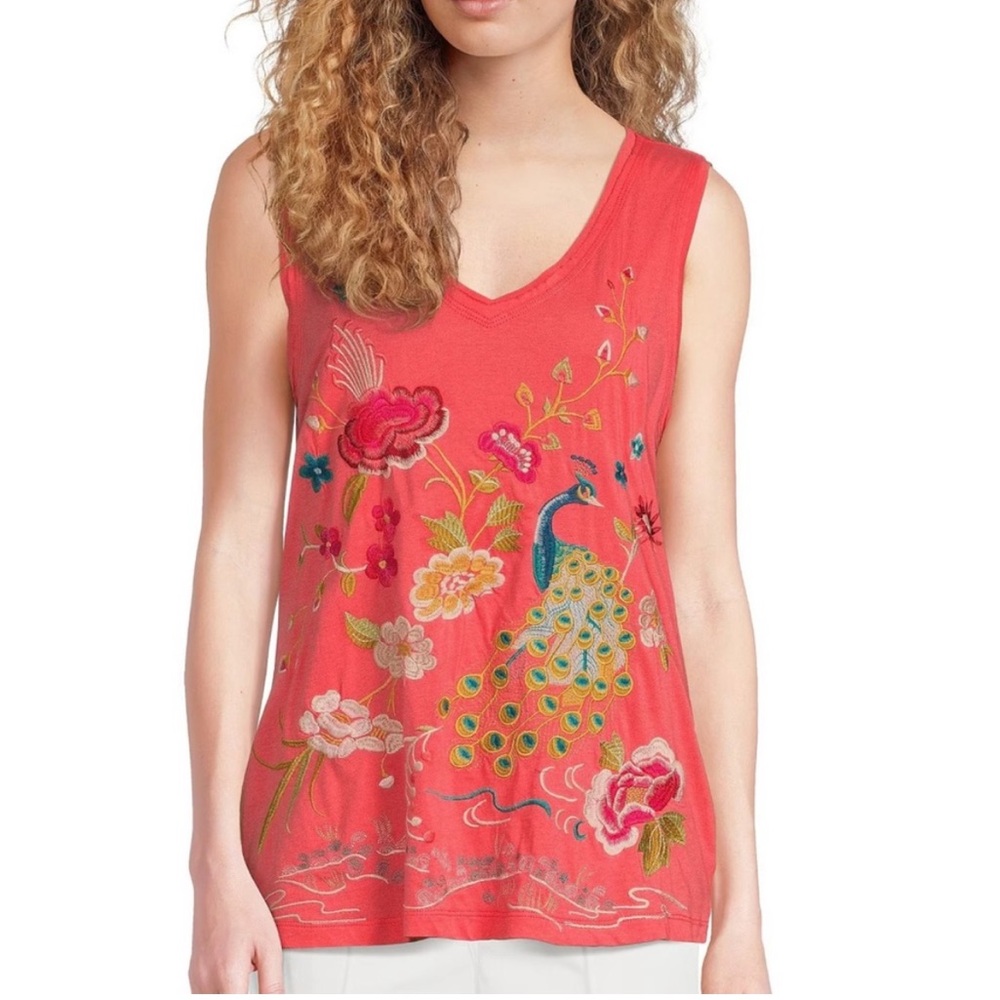 Johnny Was Celina Raw Edge V-Neck EmbroideredTank Top Coral OVERSIZED Small
